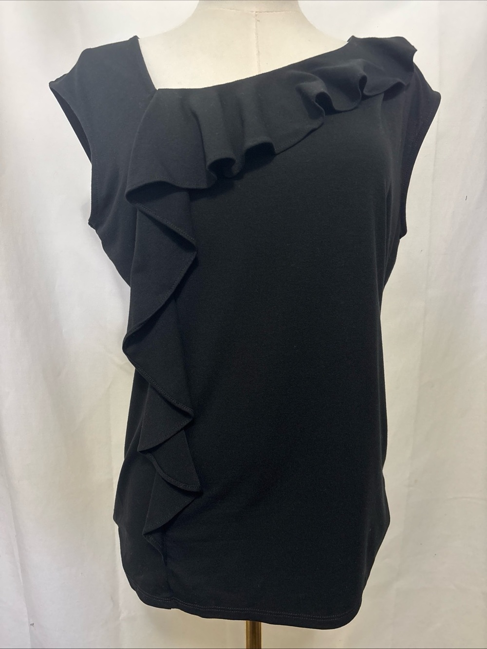 White House Black Market Black Sleeveless Top with Ruffle Trim. Size Small. GUC.